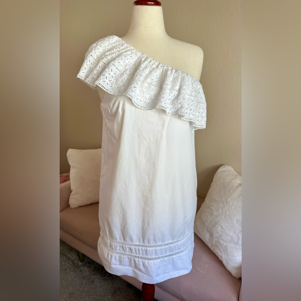 Abercrombie Fitch Dress Eyelet Ruffle One Shoulder Sheath White Cotton Women’s M
